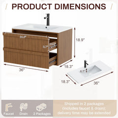 EROMMY 36 Inch Bathroom Vanity with Sink, Floating Bathroom Vanity with 2 Large Storage Drawers, Wood Grain Wall Mounted Bathroom Cabinet, Walnut