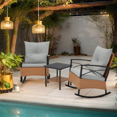 EROMMY 3-Piece Outdoor Bistro Set, PE Rattan Rocking Chairs with Cushions & Coffee Table