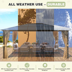 Hardtop outdoor gazebo with curtains shown in sunny, autumn, rainy, and snowy weather scenes, illustrating year-round outdoor shelter.