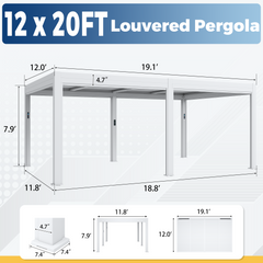 EROMMY 12' x 20' Outdoor Pergola with LED Lights, Aluminum Gazebo with Motorized Louvers & Side Screens for Patio, Backyard & Poolside, White