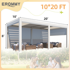 EROMMY 10' x 20' Outdoor Pergola with LED Lights, Aluminum Gazebo with Motorized Louvers & Side Screens for Patio, Backyard & Poolside, White