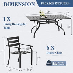 EROMMY 7-Piece Outdoor Patio Dining Set for 6, Rectangular Metal Table with Umbrella Hole & Stackable Chairs