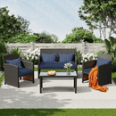 EROMMY 4-Piece Patio Furniture Set, Outdoor Wicker Patio Conversation Set with Cushions, Sofa & Glass Coffee Table, Navy Blue