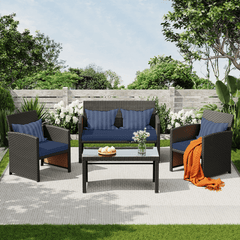 EROMMY 4-Piece Patio Furniture Set, Outdoor Wicker Patio Conversation Set with Cushions, Sofa & Glass Coffee Table, Navy Blue