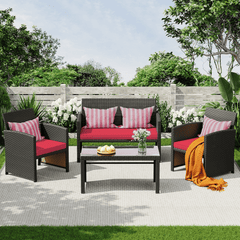 EROMMY 4-Piece Patio Furniture Set, Outdoor Wicker Patio Conversation Set with Cushions, Sofa & Glass Coffee Table, Red
