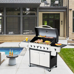 EROMMY Outdoor Burner BBQ Propane Gas Grill - 58000 BTUs Stainless Steel Patio Barbecue Grill with Stove and Side Table - Silver - Propane Gas-Erommy