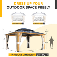 EROMMY 13' x 15' Outdoor Spruce Wood Hardtop Gazebo w/ Double Metal Roof, Curtains & Nettings-Erommy