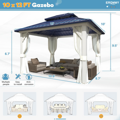EROMMY 10' X 12' Hardtop Gazebo with Galvanized Steel Roof, All-Season Aluminum Outdoor Pergola with Netting & Curtains for Patio Lawn and Garden, Blue-Erommy