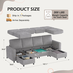 Erommy 6 Piece Modular Sectional Couch, Modular Couches and Sofas Sectional with Storage for Living Room, 4 single seats, 2 ottomans, Light Gray-Erommy