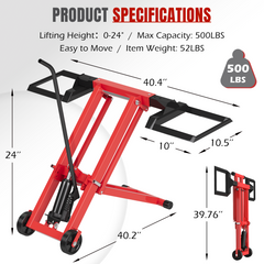 EROMMY 500LB Hydraulic Mower Lift for 40-47.6" Axle, 24" Lawn Tractor Jack with 3-Height Adjustment, Zero Turn Mower Lift for Maintenance & Repair, Red