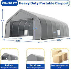 EROMMY 20x30 FT Heavy Duty Durable Carport, Silver Gray, Galvanized Steel Frame Garage Shelter and Outdoor Storage, Waterproof 3-Layer PE Cover, Fits 2 Cars, Boat, Farm Equipment