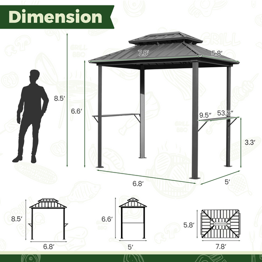 EROMMY Grill Gazebo 8 x 6 FT, Outdoor Barbecue Gazebo with Double Galvanized Steel Roof, Aluminum Grill Canopy with Shelves for Patio, Lawn, Garden