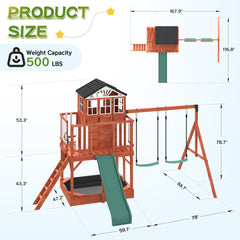 EROMMY Kids Outdoor Wooden Swing Set with Elevated Playhouse, Wave Slide, Belt Swings and Sandbox