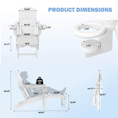 EROMMY 3-Level Adjustable Adirondack Chair with Retractable Ottoman, Folding HDPE Outdoor Chair with Cup Holders, White