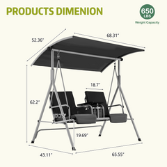 EROMMY 2-Person Outdoor Swing with Canopy, Storage Table, Cooler Bag & Cushions – Black-Erommy