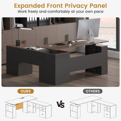 EROMMY 63" L Shaped Electric Standing Desk with Storage, Executive Adjustable Height with Power Outlets and Privacy Panel, Walnut Black