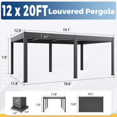 EROMMY 12' x 20' Outdoor Pergola with LED Lights, Aluminum Gazebo with Motorized Louvers & Side Screens for Patio, Backyard & Poolside, Black