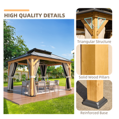 EROMMY 11'x 13' Hardtop Gazebo, Wood Outdoor Gazebo, Polycarbonate Double Roof, Netting and Curtains, Patio Gazebo-Erommy
