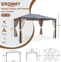 EROMMY Patio Hardtop Gazebo 10’x12’ Aluminum Frame Gazebos with Netting & Curtain - Erommy