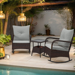 EROMMY 3 pcs Rocking Bistro Set, Outdoor PE Rattan Rocking Chairs with Tempered Glass Coffee Table, Gray