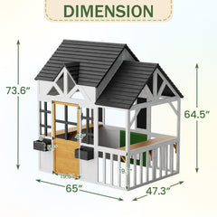 EROMMY Outdoor Play House for Kids, Elevated Roof Wooden Kids Playhouse with Kitchen Toys, Blackboard,Magnetic Door, Flowerpot Holders, Pet Hole, Clock,Black and White