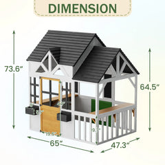 EROMMY Outdoor Play House for Kids, Elevated Roof Wooden Kids Playhouse with Kitchen Toys, Blackboard,Magnetic Door, Flowerpot Holders, Pet Hole, Clock,Black and White