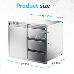 EROMMY Outdoor Kitchen Drawer and Trash Bin Combo - 28"Wx20"Dx23"H Built-in 304 Stainless Steel Cabinet with Triple Drawers & Pull-Out Trash Drawer, Silver