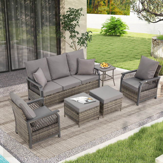 EROMMY 6 piece outdoor rattan furniture set with sofa, air chair, footstool and side table, Grey-Erommy