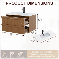 EROMMY 30 Inch Bathroom Vanity with Sink, Floating Bathroom Vanity with 2 Large Storage Drawers, Wood Grain Wall Mounted Bathroom Cabinet, Walnut