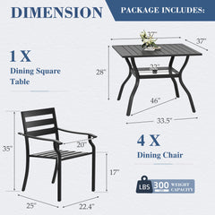 EROMMY 5-Piece Outdoor Patio Dining Set for 4, Square Metal Table with Umbrella Hole & Stackable Chairs