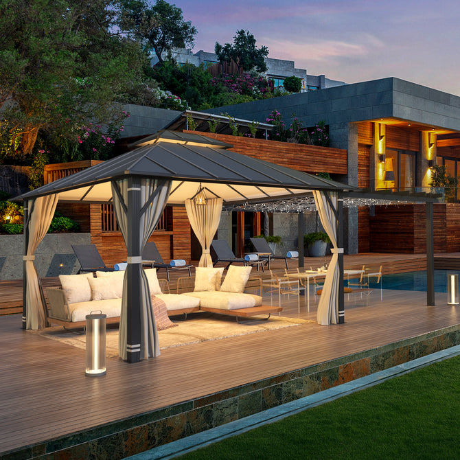 EROMMY 12'x14' Permanent Hardtop Gazebo with 12'x10' Outdoor Pergola, Metal Steel Canopy with Aluminum Composite Roof-Erommy