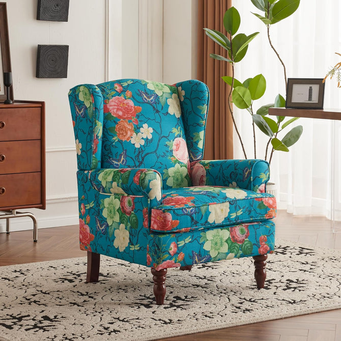 EROMMY Fabric Accent Chair, Modern Upholstered Armchair, Leisure Single Sofa Chair for Living Room Bedroom Reading, Teal Floral-Erommy