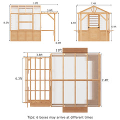 EROMMY 7x11 FT Spruce Wood Greenhouse with Pergola, Walk-in Polycarbonate Greenhouse Kit with Top-Hung Windows, Built-in Workstation and Staging Shelves for Backyard Garden