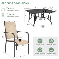 EROMMY 9 Piece Patio Dining Set, Outdoor Dining Table And Chairs Set For 8, 8 PVC-coated polyester Chairs, 1 Iron Square Table With Adjustable Umbrella Hole (1.57"-1.97"), Brown