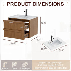 EROMMY 24 Inch Bathroom Vanity with Sink, Floating Bathroom Vanity with 2 Large Storage Drawers, Wood Grain Wall Mounted Bathroom Cabinet, Walnut