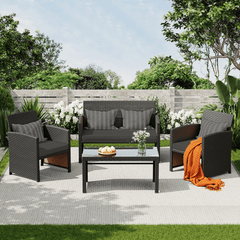 EROMMY 4-Piece Patio Furniture Set, Outdoor Wicker Patio Conversation Set with Cushions, Sofa & Glass Coffee Table, Gray