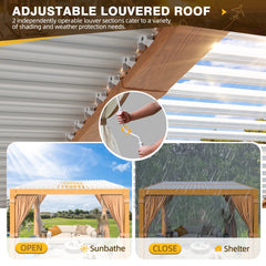 Erommy wood grain pergola with adjustable louvered roof, hand crank, and open or closed settings for sunbathing or shelter from rain