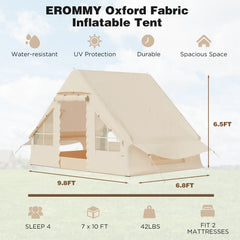 Erommy beige Oxford fabric inflatable camping tent with mesh windows, covered entrance, guy lines, and spacious shelter shown outdoors