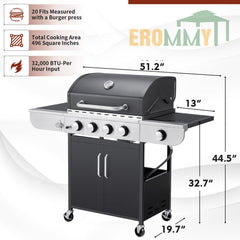 EROMMY 4 Burner BBQ Grill Gas, 42,000 BTU Propane Gas Grill, Stainless Steel Patio Garden Barbecue Grill with Side Table and Stove