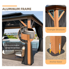 EROMMY 12'×20' Hardtop Gazebo, Faux Wood Grain Aluminum Outdoor Gazebo, Vertical Stripe Polycarbonate Double Roof, Curtains and Netting-Erommy