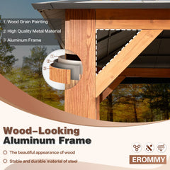 Erommy gazebo closeup showing a wood grain painted aluminum frame, high quality metal construction, and roof support against a wooded outdoor backdrop