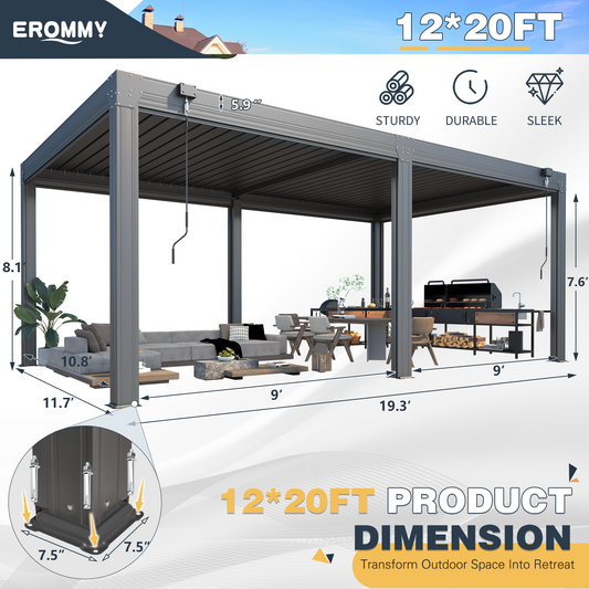 EROMMY 12×20 FT Aluminum Louvered Pergola with 6-Panel Pull-Down Privacy Screen, Hardtop Rainproof Pergola with Adjustable Roof, Dark Grey