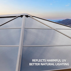 Close up of an Erommy gazebo with translucent polycarbonate roof panels and an aluminum frame, allowing natural light while reflecting harmful UV rays