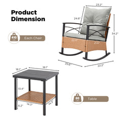 EROMMY 3-Piece Outdoor Bistro Set, PE Rattan Rocking Chairs with Cushions & Coffee Table-Erommy