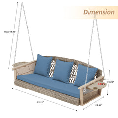 EROMMY 3 Seats Porch Swing Hanging Bench Swing Lounge Front Rattan Swing for Garden, Balcony, Blue-Erommy