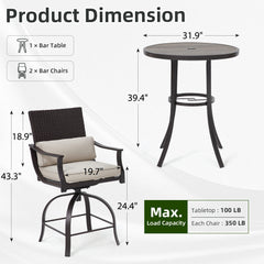 EROMMY 3 Piece Outdoor Patio Set, High Top Patio Bar Set with Round Table and 2 Swivel Dining Chairs with Lumbar Pillow, Beige-Erommy