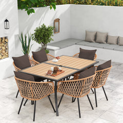EROMMY 7-Piece Outdoor Dining Set – Rectangular Table with Umbrella Hole & 6 Rattan Chairs, Brown-Erommy