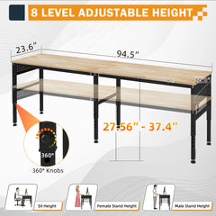 96" Adjustable Heavy Duty Workbench with Power Outlets & Pegboard, 2000 LBS Capacity Rubber Wood Top Work Table for Garage, Workshop, Home & Commercial
