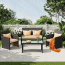 EROMMY 4-Piece Patio Furniture Set, Outdoor Wicker Patio Conversation Set with Cushions, Sofa & Glass Coffee Table, Khaki