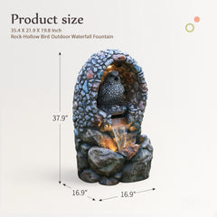 EROMMY Outdoor Water Fountain - Rock-Hollow Bird Outdoor Waterfall Fountain with LED Lights Effect for Patio Deck Yard Home,Gray